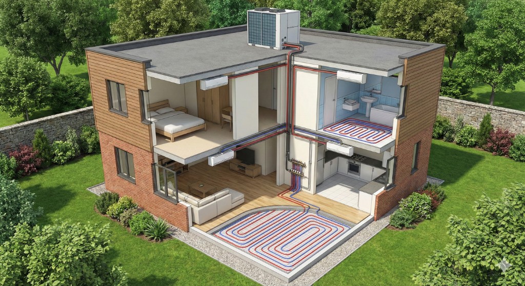 Hydronic system in a home: outdoor unit, piping, manifold, radiant floor heating, and indoor fan coil units